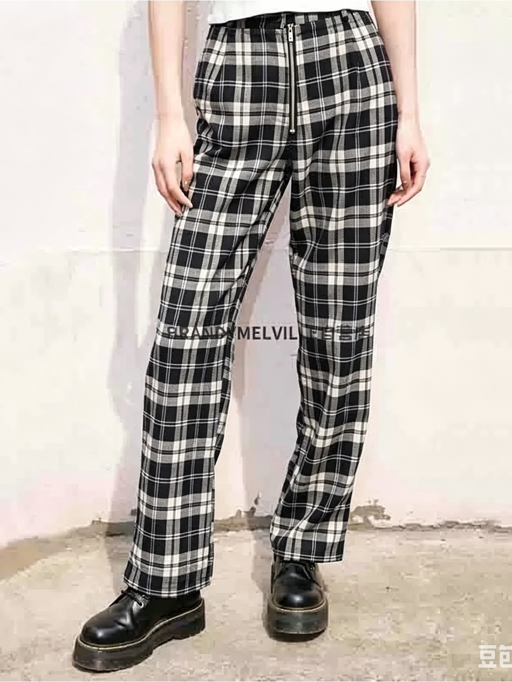 Brandy Melville Black White Plaid High Waist Pants Front Zipper Design